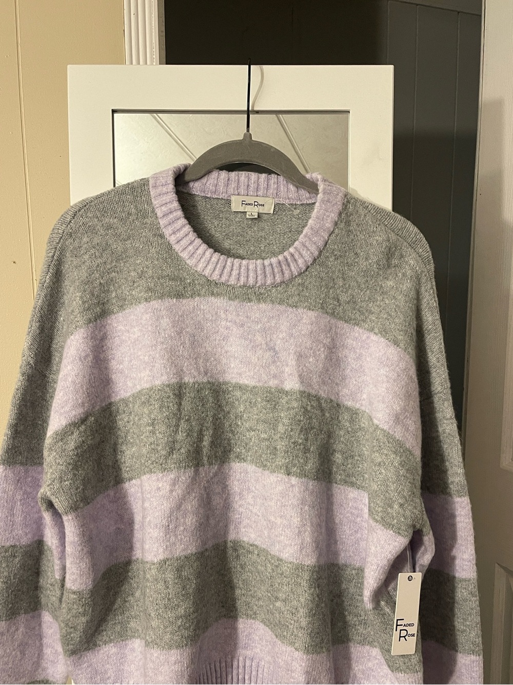 Raised Row Lilac & Gray Striped Crewneck Sweater - Women